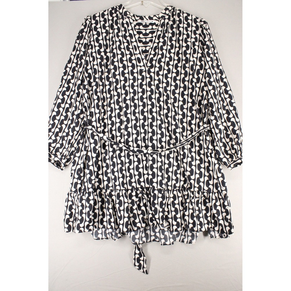 Zara Dress Mini Geometric Print Womens XL Black White Viscose Retro Modern